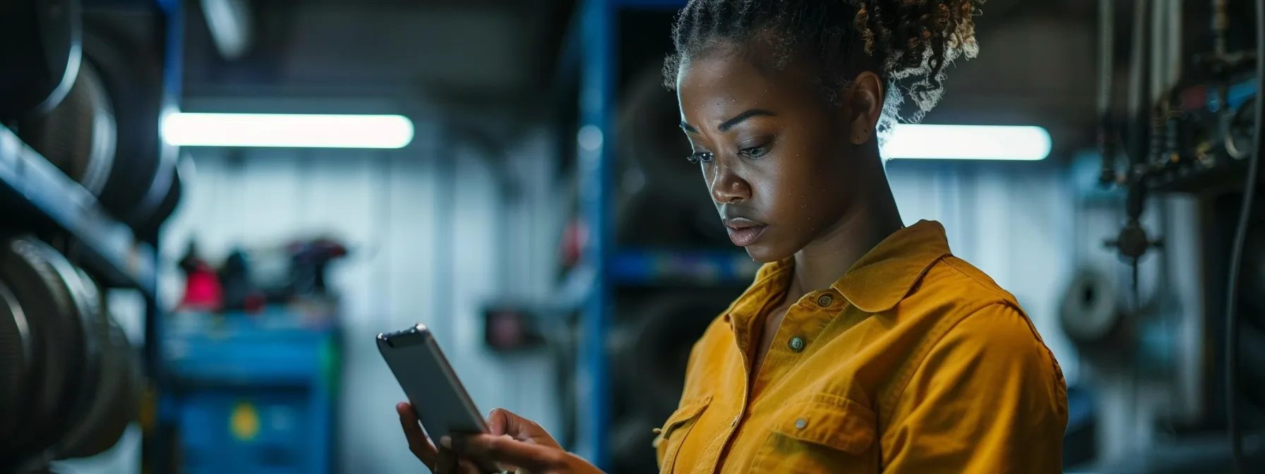 a person holding a smartphone, comparing mobile mechanic services and rates with a thoughtful expression.