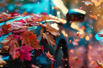 a car covered in colorful fall leaves, showcasing the importance of seasonal vehicle care.