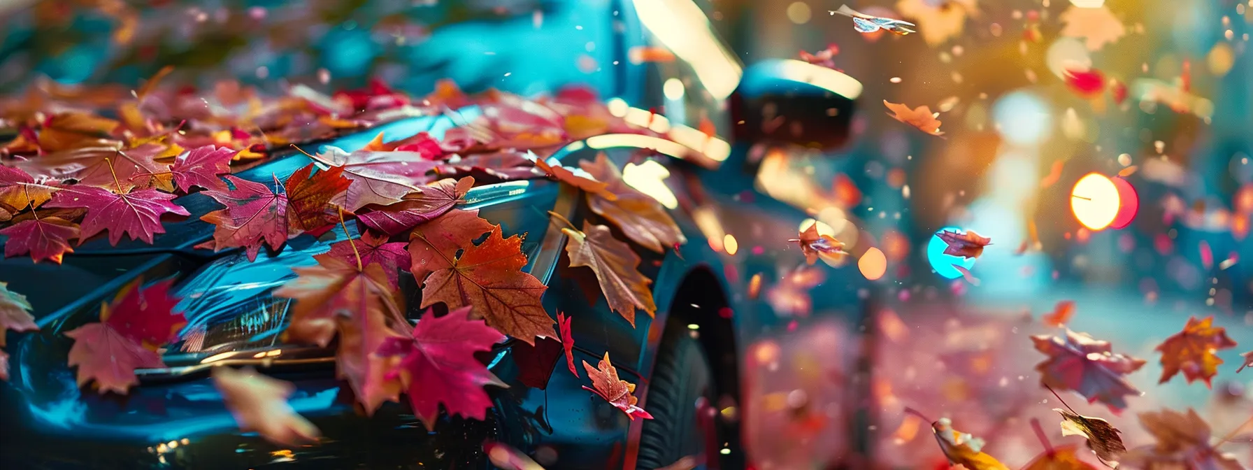 a car covered in colorful fall leaves, showcasing the importance of seasonal vehicle care.