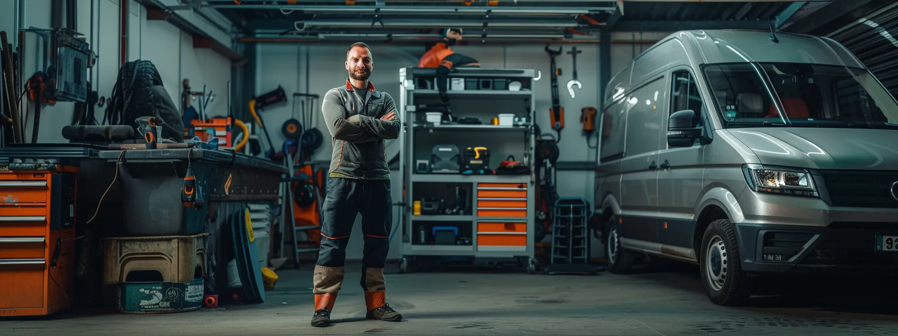 a mechanic standing confidently next to a fully-equipped mobile service van, ready to assist customers with a toolbox in hand.