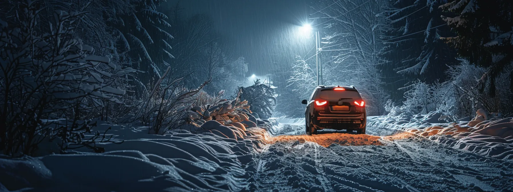 a car parked on a snowy road, equipped with winter tires and emergency supplies, ready for winter travels.