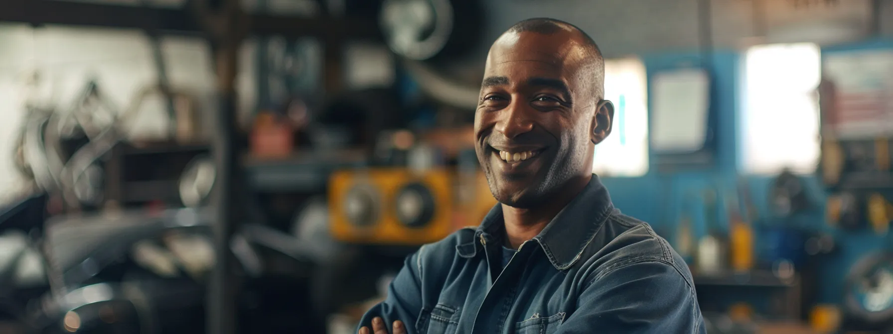 a mechanic smiling proudly as they read positive customer reviews praising their reliable service.