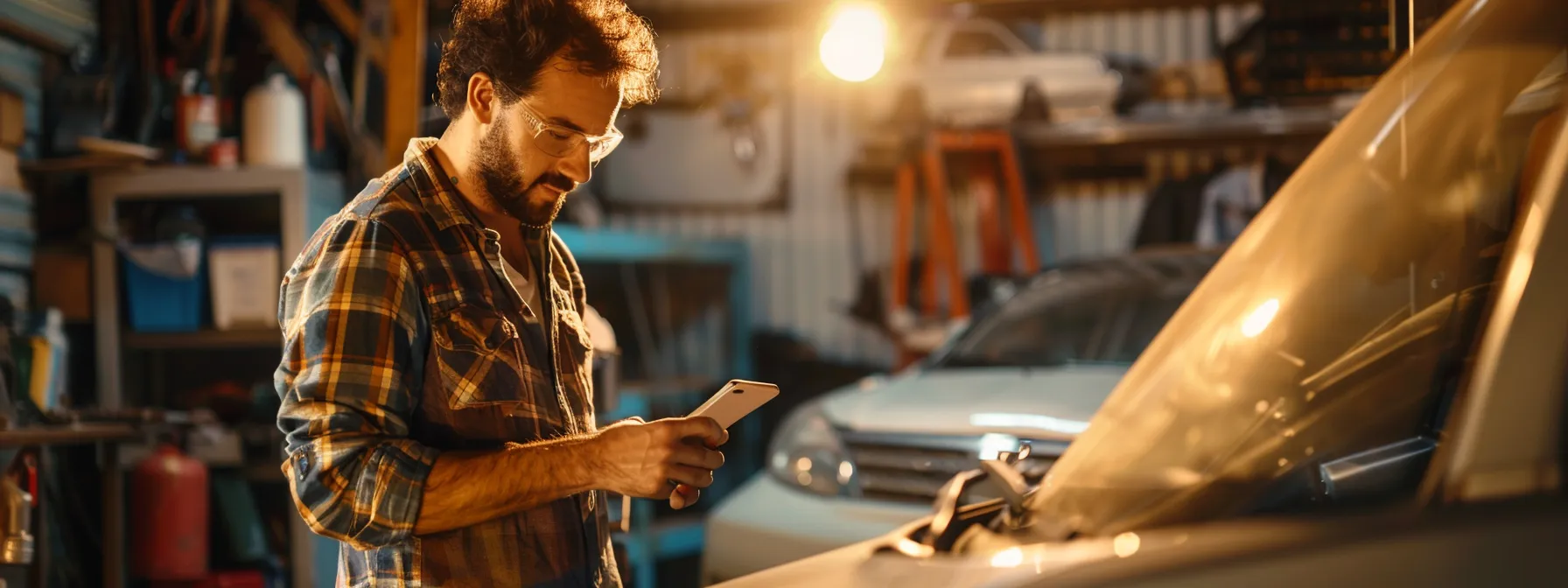 a car owner reviewing a detailed estimate with a mobile mechanic, surrounded by tools and equipment, ensuring transparency and clarity in pricing and payment options.