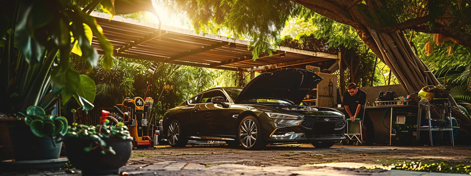 a sleek, shiny car parked under the shade of a tree with its hood open, surrounded by tools and a mechanic checking the engine cooling system.