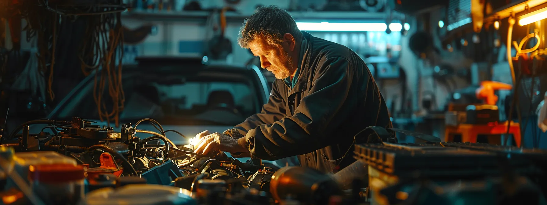 a mechanic expertly working on a car engine, surrounded by glowing customer reviews and service recommendations.