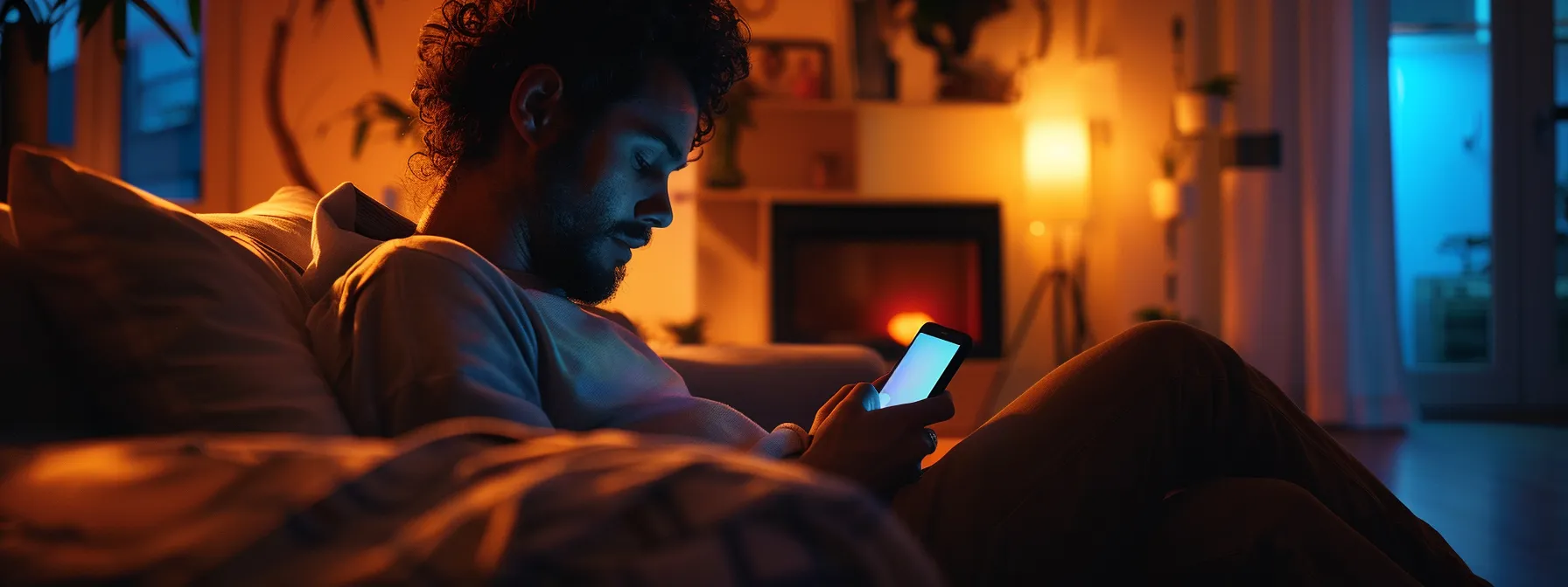 a person reading through a stack of detailed, authentic customer reviews on a mobile phone while sitting in a cozy living room.