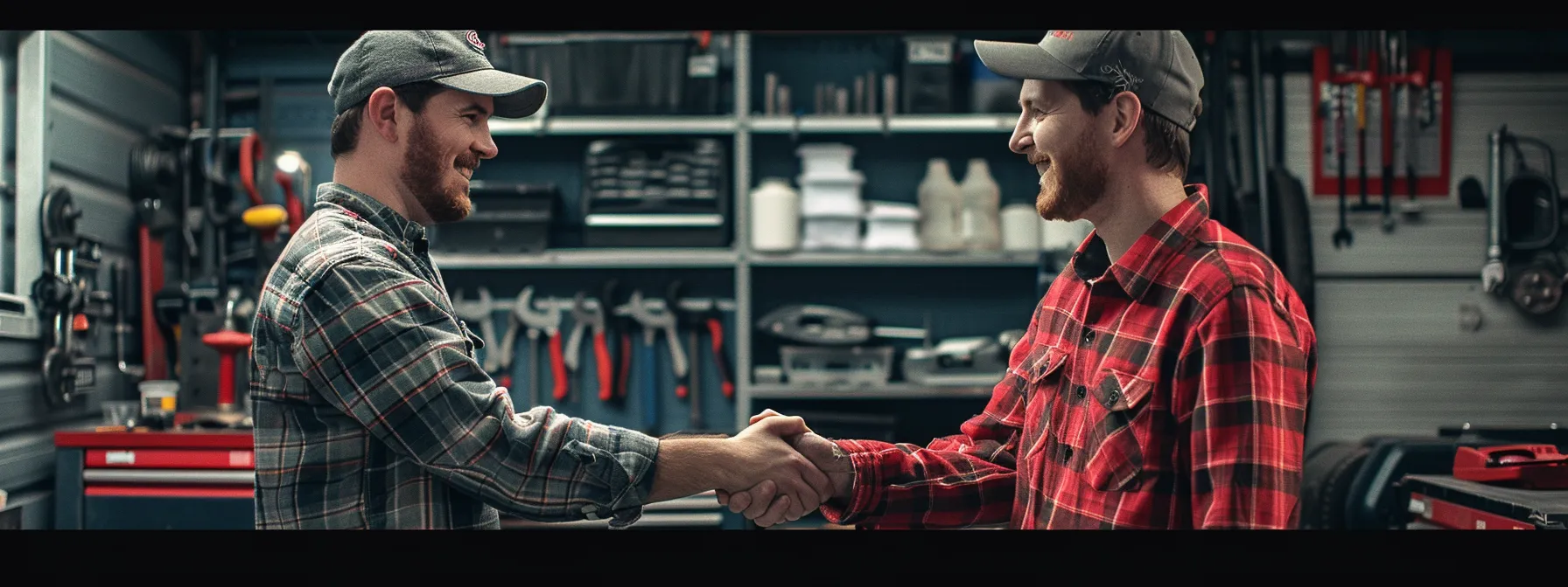 a smiling customer shaking hands with a local mobile mechanic in front of a neatly organized toolbox, showcasing trust and reliability in mobile services.