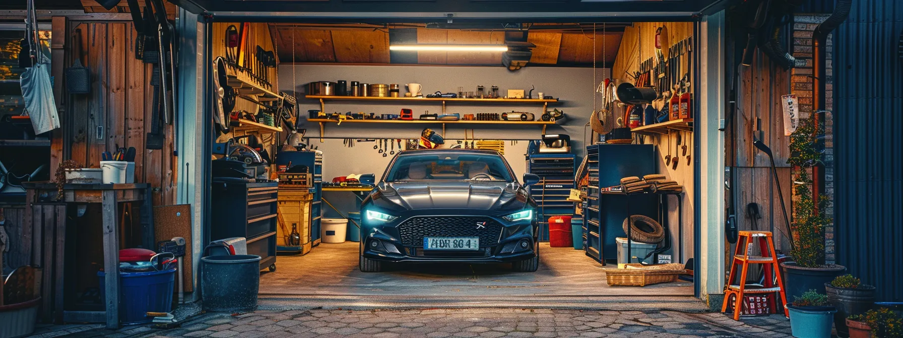 a shiny, well-maintained car surrounded by a clean garage with tools and supplies neatly organized, symbolizing year-round maintenance practices for optimal performance.