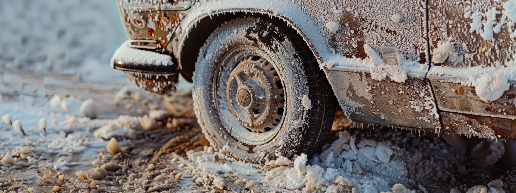 a car covered in road salt corrosion with snow tires ready for winter.