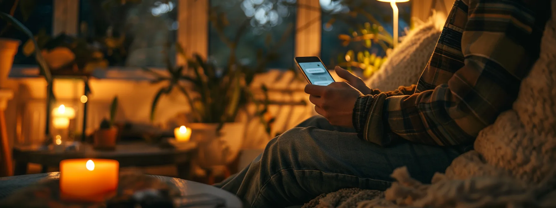 a person holding a smartphone, scrolling through a mobile mechanic's online reviews while sitting in a cozy living room.