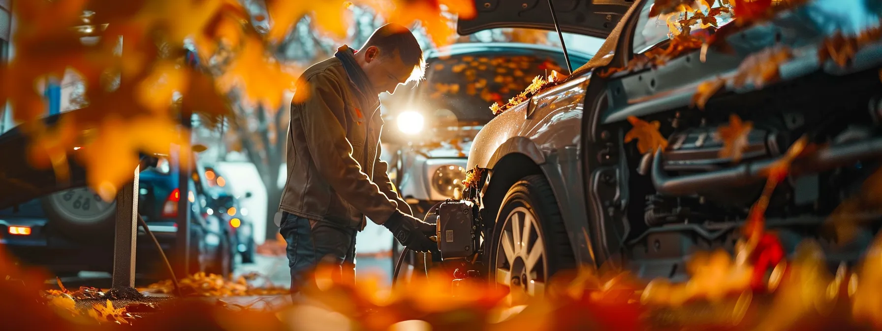 a mechanic checking the heating system, tires, wiper blades, and lights of a car surrounded by colorful autumn leaves.