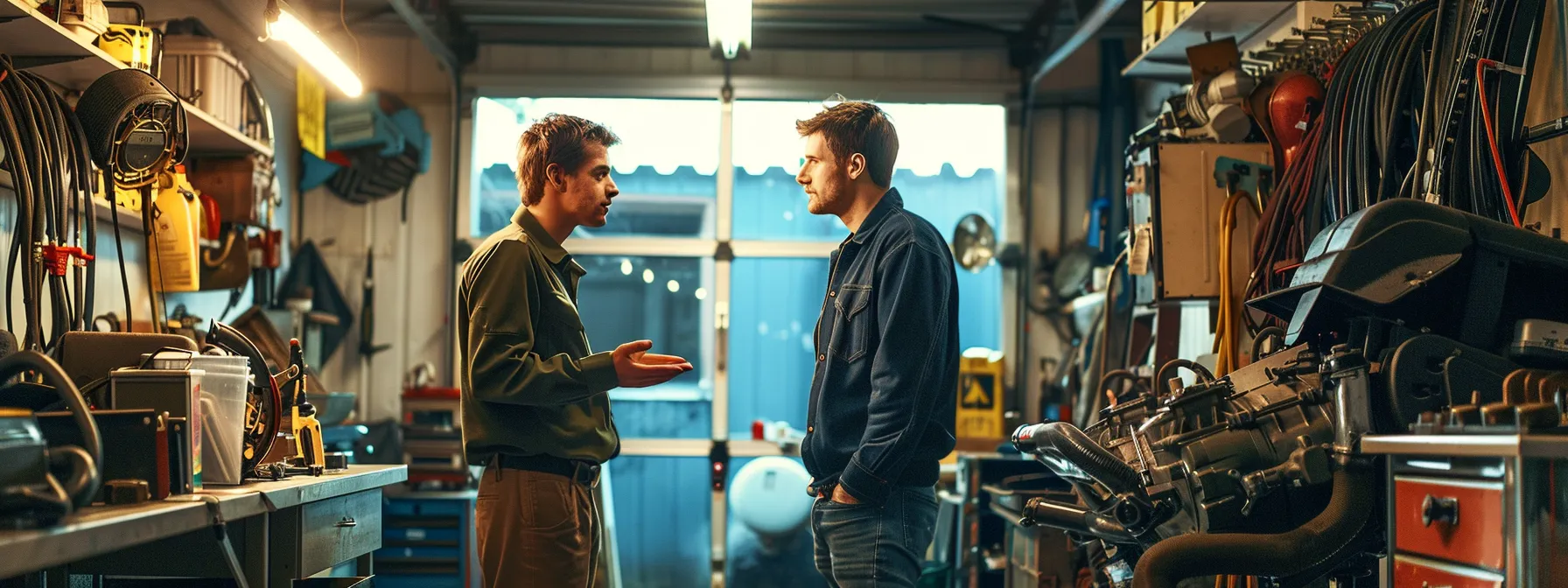 a mechanic confidently explaining exhaust system repairs to a customer, showcasing transparency and clear communication in an auto repair shop setting.