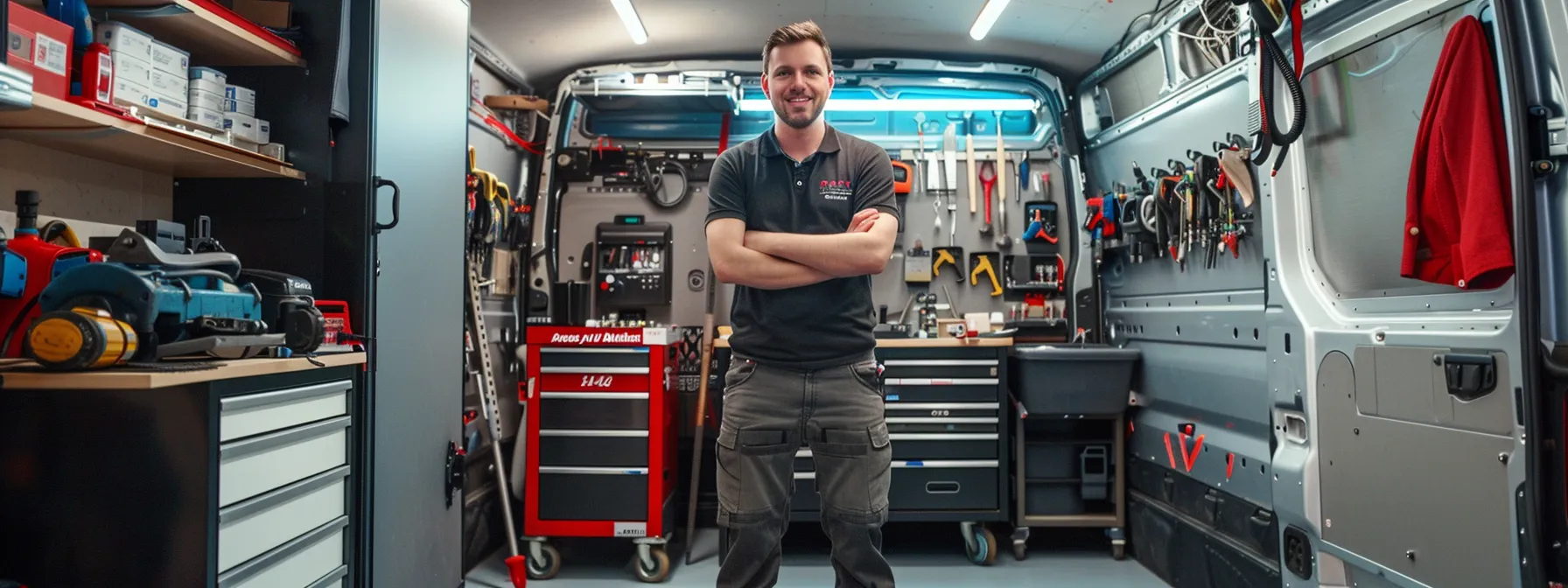 a mobile mechanic standing confidently beside a well-equipped service van, displaying various certifications and highlighting transparent pricing.