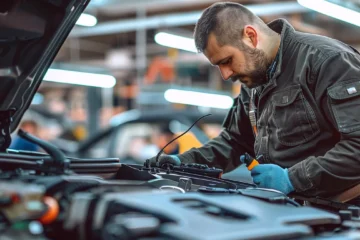 a mechanic working on a car engine under the hood in a busy parking lot, surrounded by tools and diagnostic equipment.