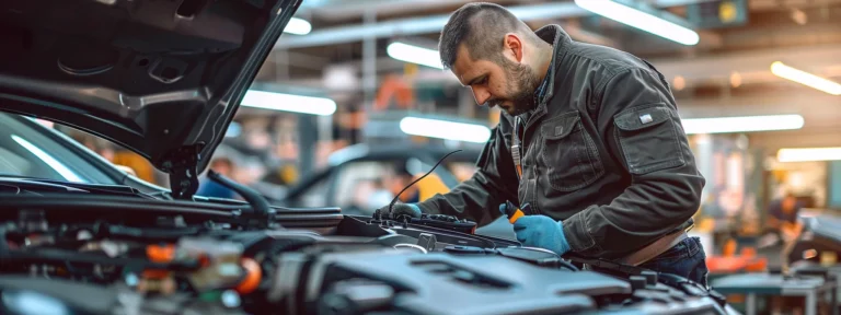 a mechanic working on a car engine under the hood in a busy parking lot, surrounded by tools and diagnostic equipment.