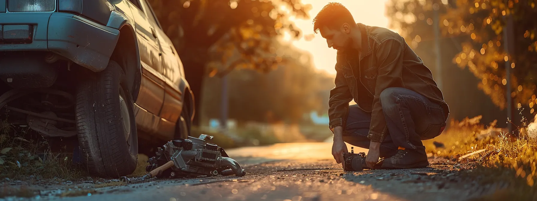 a professional mobile mechanic confidently fixing a car engine on a quiet roadside, surrounded by tools and a sense of reliability.