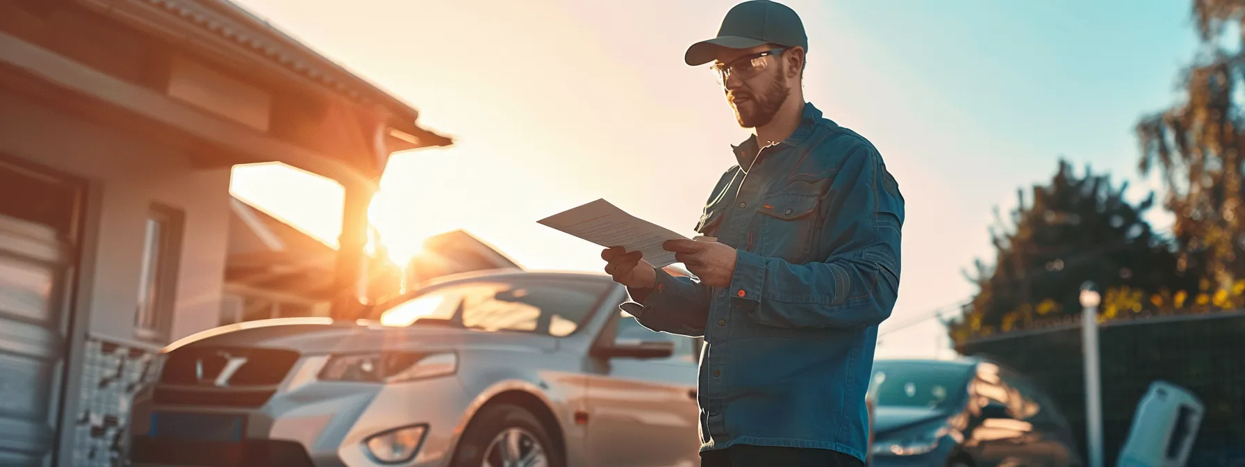 a mobile mechanic, surrounded by a collection of tools and parts, confidently holds up a warranty document while a sleek, modern car sits nearby under a bright, clear sky.