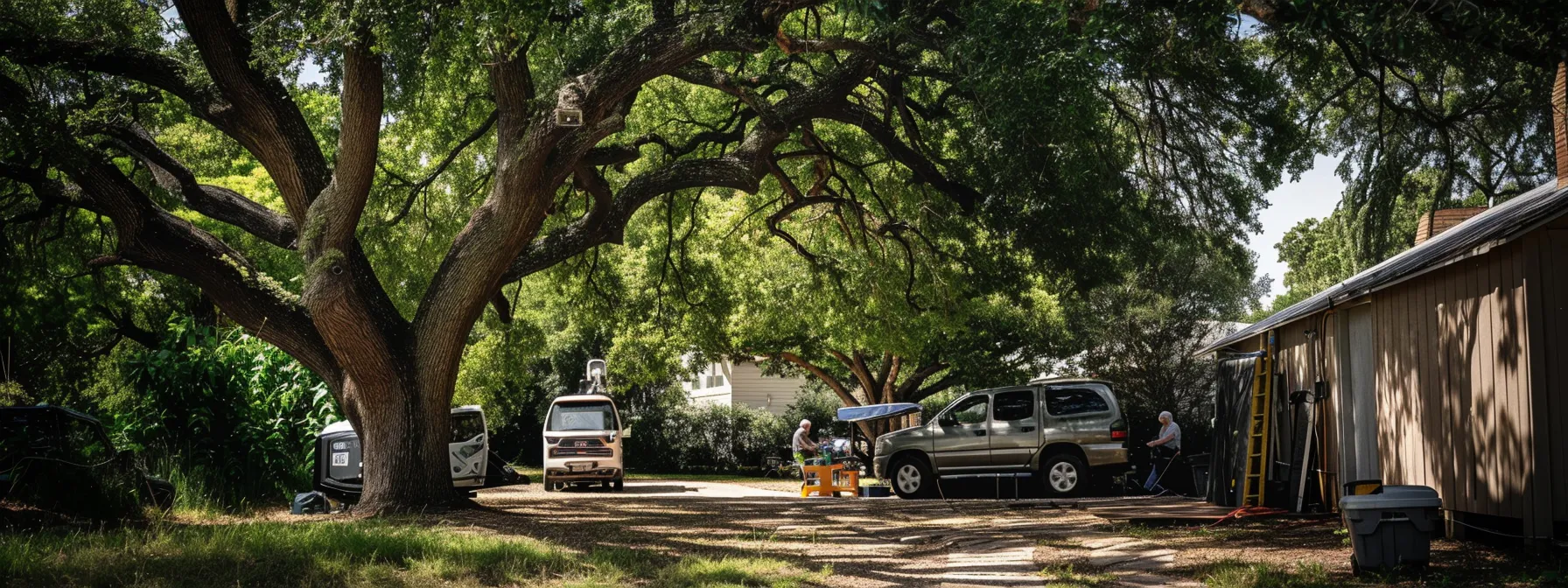 a mobile mechanic performing an oil change under the shade of a towering oak tree in a peaceful suburban driveway.