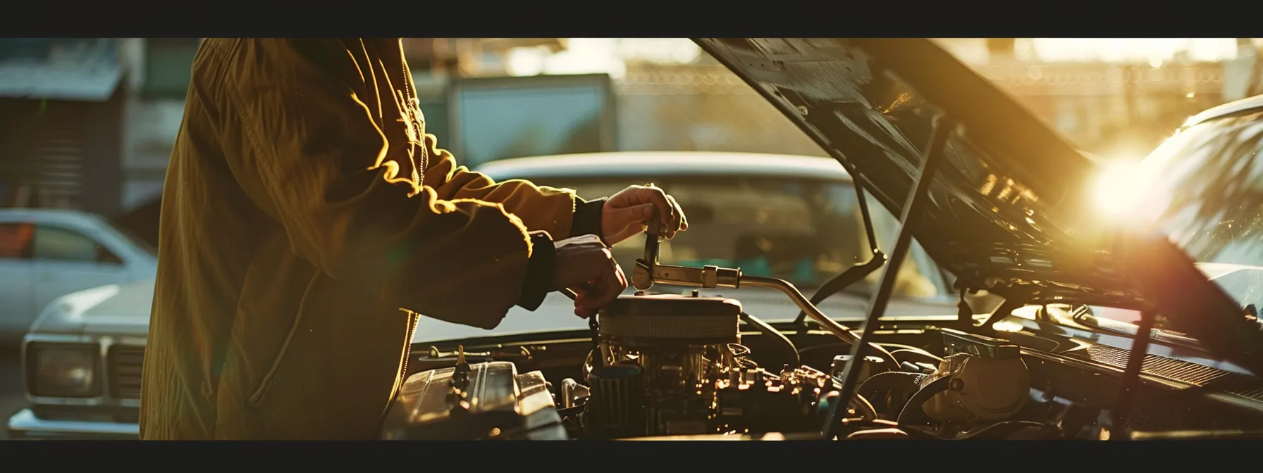 a mechanic inspecting a shiny, clean car engine with tools in hand, under the bright spring sunlight.