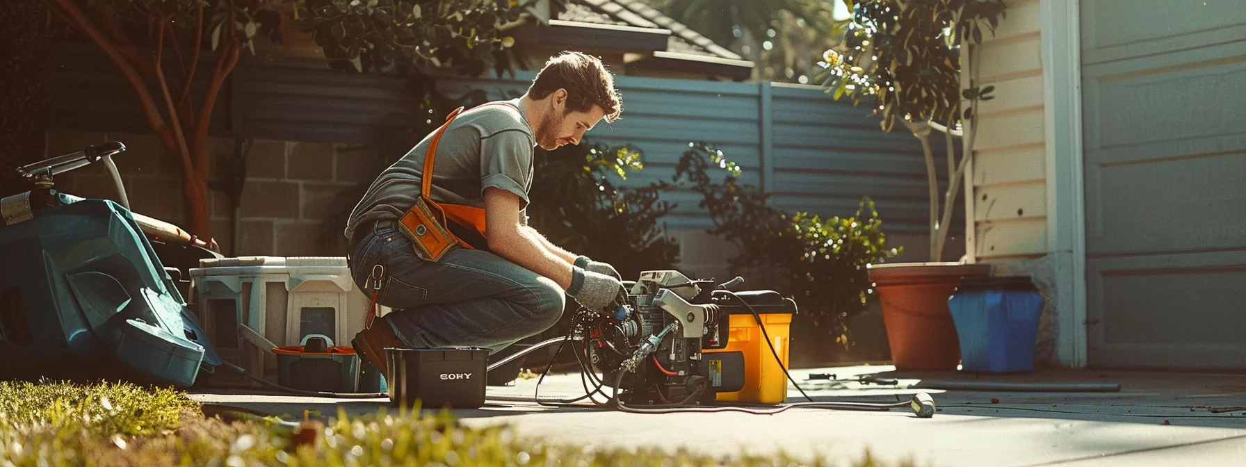 a skilled mechanic working on a car engine in a residential driveway, surrounded by tools and parts, with the convenience of on-site car repairs evident.