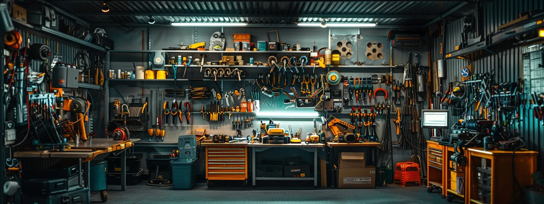 a mobile mechanic surrounded by a variety of tools and spare parts, showcasing the range of services they offer.