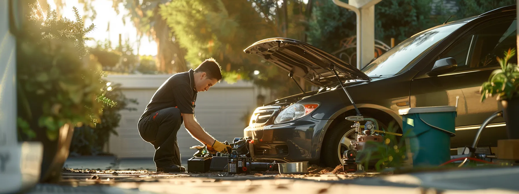 a mobile mechanic working meticulously under the hood of a car parked in a quiet, well-lit driveway, surrounded by a set of high-quality tools and equipment.