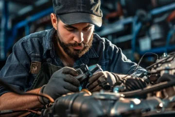 a trustworthy mobile mechanic inspecting a car engine with a focused and knowledgeable expression.