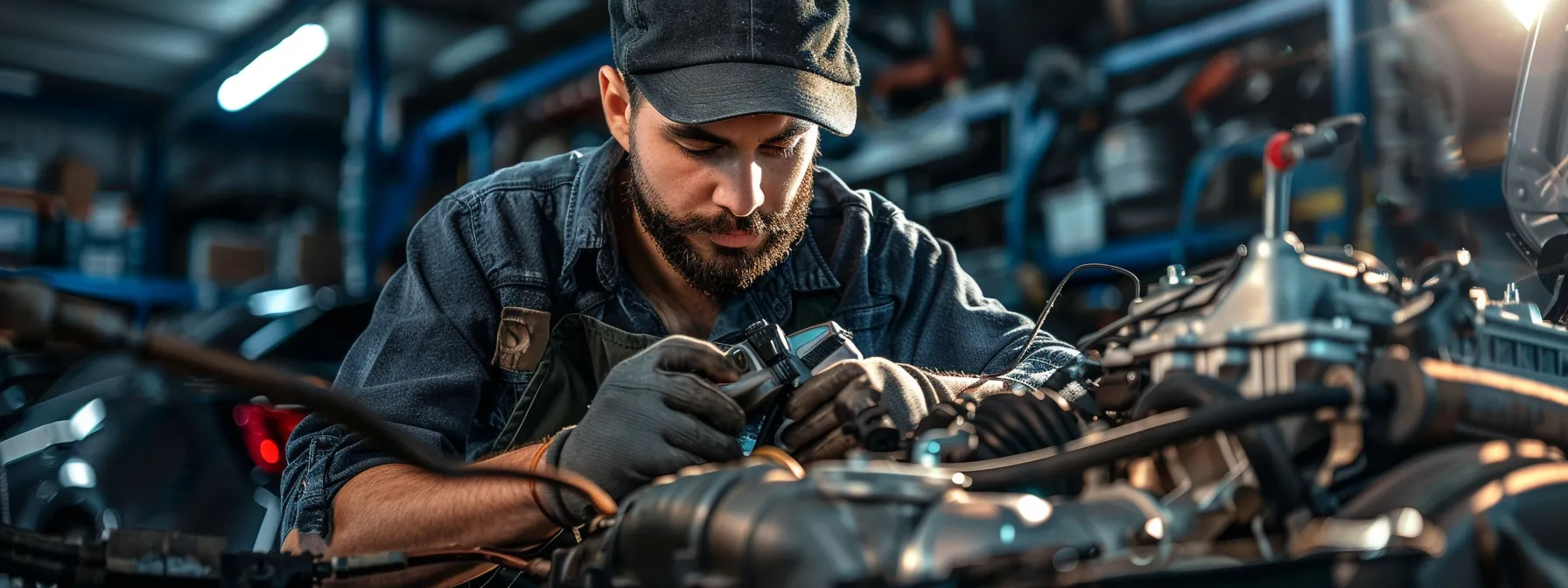 a trustworthy mobile mechanic inspecting a car engine with a focused and knowledgeable expression.