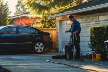 a local mobile mechanic inspecting the engine of a car in a residential driveway, equipped with a toolbox and wearing a blue uniform.