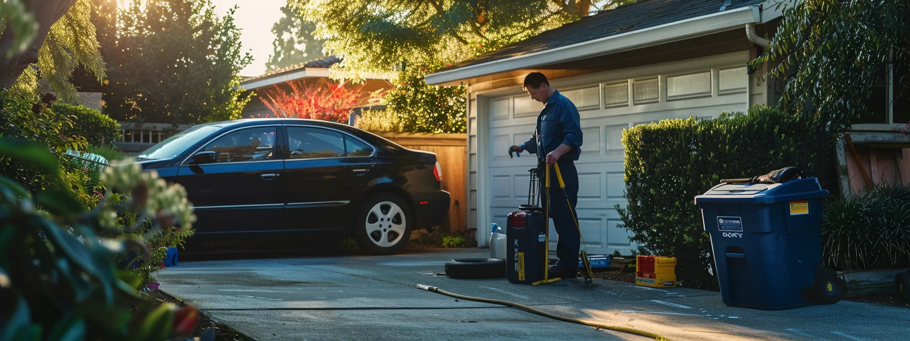 a local mobile mechanic inspecting the engine of a car in a residential driveway, equipped with a toolbox and wearing a blue uniform.