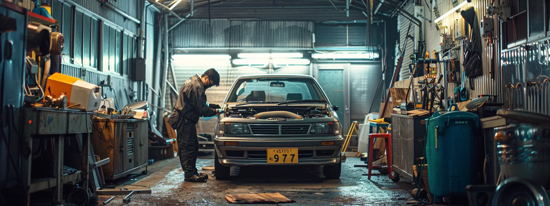 a skilled technician confidently repairing a car on-site, surrounded by tools and equipment, ensuring quality and reliability for customers.