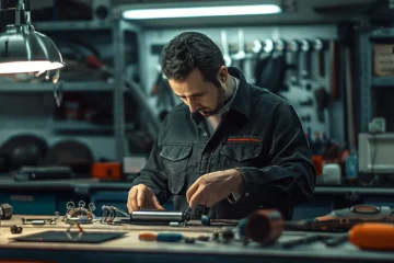 a mechanic inspecting a sleek, modern smartphone with a set of tools on a cluttered workbench.