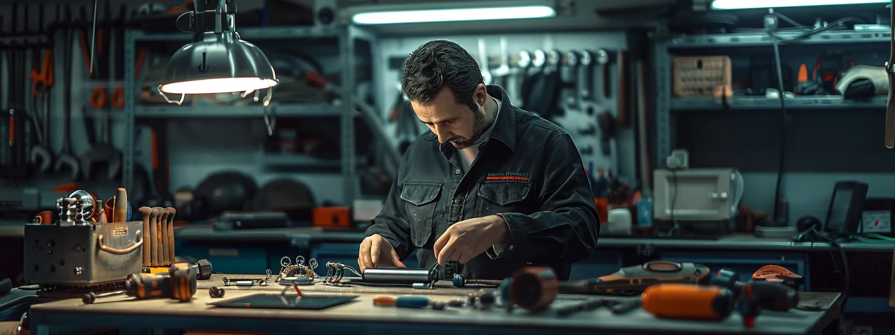 a mechanic inspecting a sleek, modern smartphone with a set of tools on a cluttered workbench.