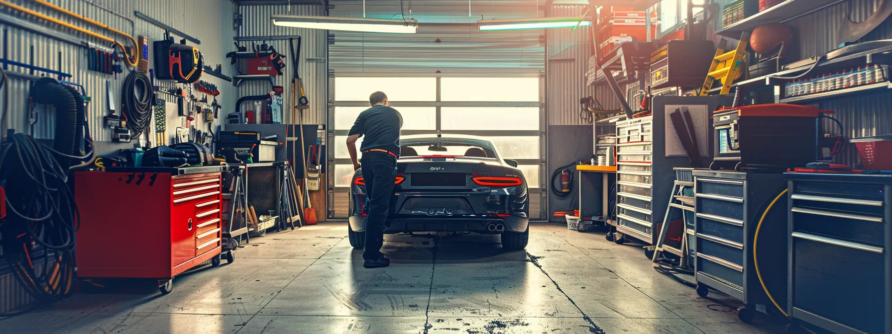 a mechanic working on a sleek car in a well-equipped garage, surrounded by tools and diagnostic equipment, showcasing the efficiency and convenience of on-site car repairs.