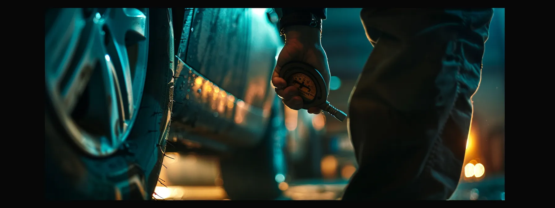 a close-up photo of a person inspecting a vehicle's tire tread depth with a handheld gauge, highlighting the importance of routine maintenance for optimal performance and safety.