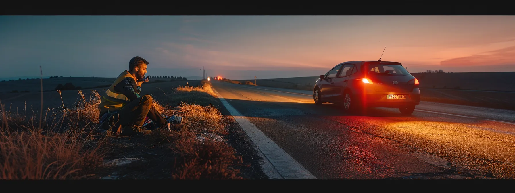 a driver calmly waits beside their broken-down car on the side of a deserted road, with the hazard lights on and a mobile mechanic's number dialed on their phone.