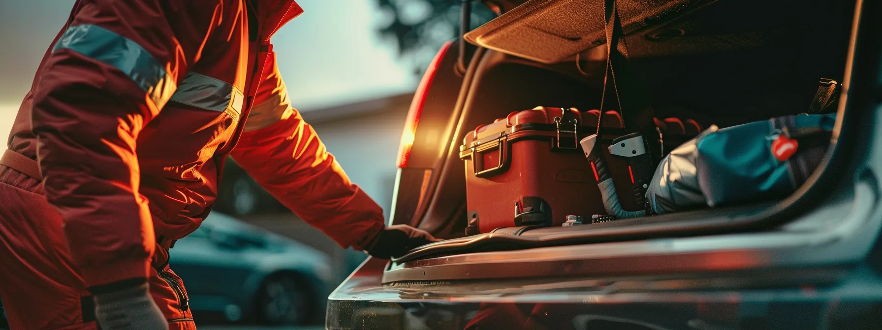 a driver opening a trunk filled with emergency car kit essentials, including tools and supplies, ready for unexpected situations.