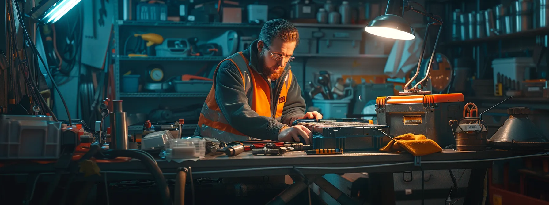 a mechanic examining a car battery under the hood, surrounded by tools and diagnostic equipment.