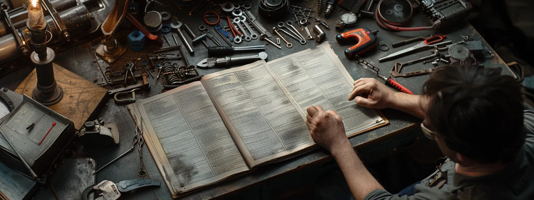 a mechanic flipping through a detailed maintenance logbook surrounded by tools and car parts, setting reminders for regular check-ups.