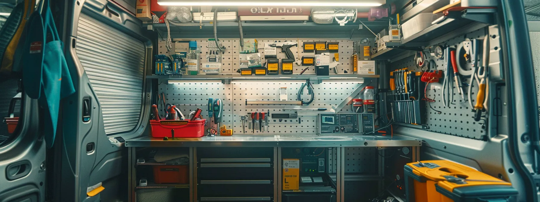 a mechanic in a clean, well-equipped van with a toolbox, diagnostic equipment, and certifications displayed prominently.