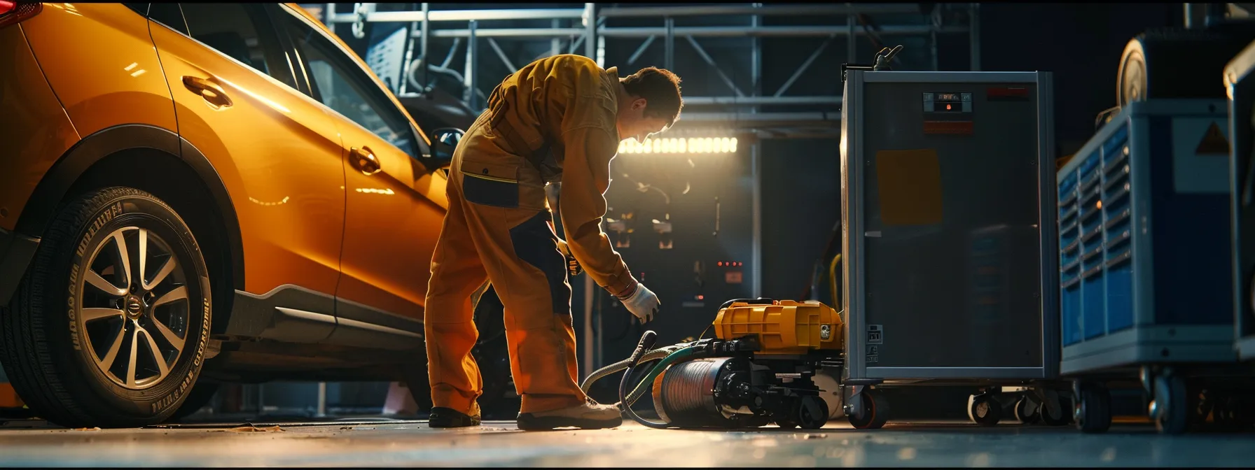 a mechanic in a protective gear, surrounded by tools, inspecting the air filter and power steering of a vehicle positioned on a flat surface with wheel chocks and a parking brake secured.