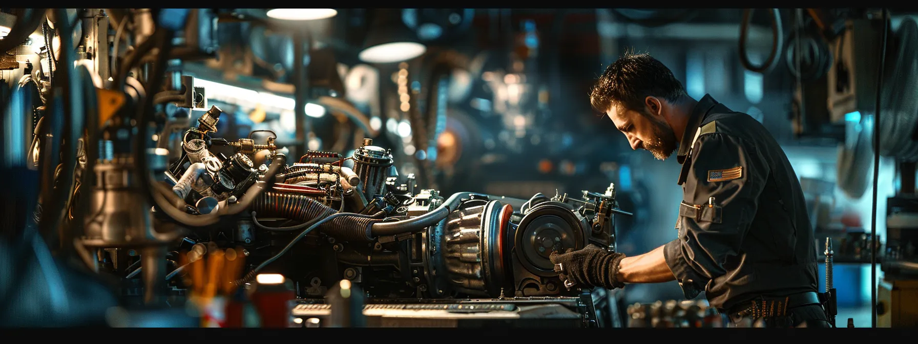 a mechanic inspecting a shiny, well-maintained engine, surrounded by tools and diagnostic equipment.