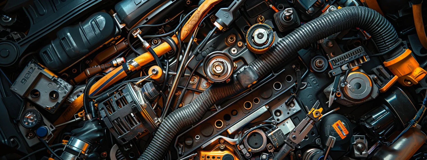 a mechanic inspecting a vehicle's timing belt under the hood, surrounded by tools and diagnostic equipment.