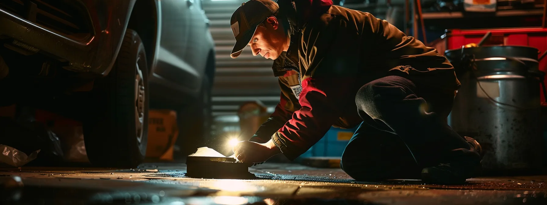 a mechanic inspecting the engine oil level and quality with a flashlight, highlighting the vital maintenance process.