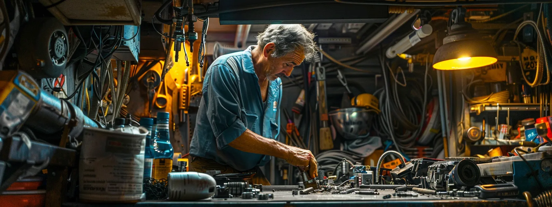 a mechanic meticulously examining a spark plug for wear and tear under a bright overhead light in a cluttered garage.