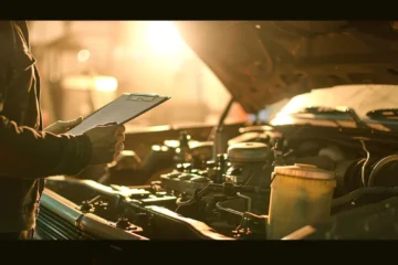 a mechanic meticulously inspecting the engine of a shiny, well-maintained car with a clipboard in hand.