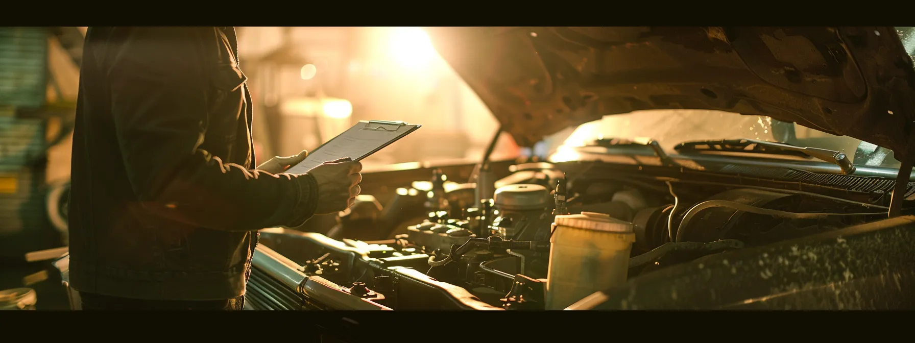 a mechanic meticulously inspecting the engine of a shiny, well-maintained car with a clipboard in hand.