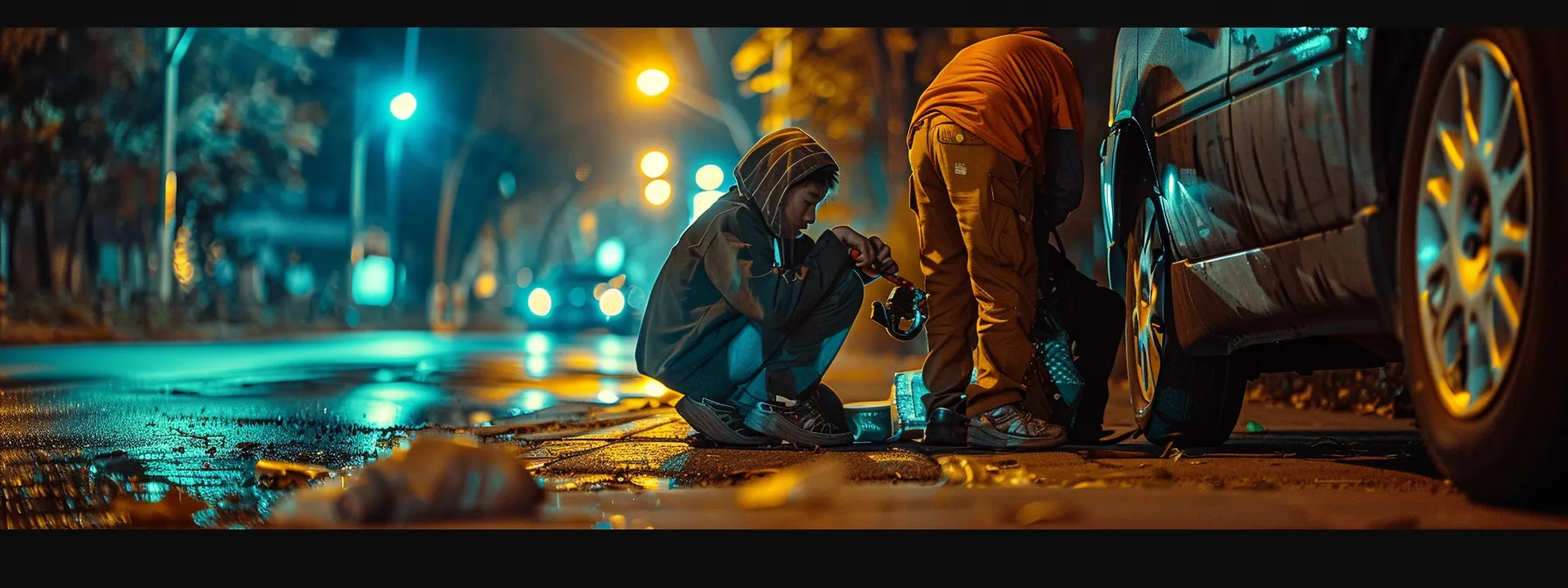 a mobile mechanic assisting a stranded driver with a flat tire change on the side of the road.