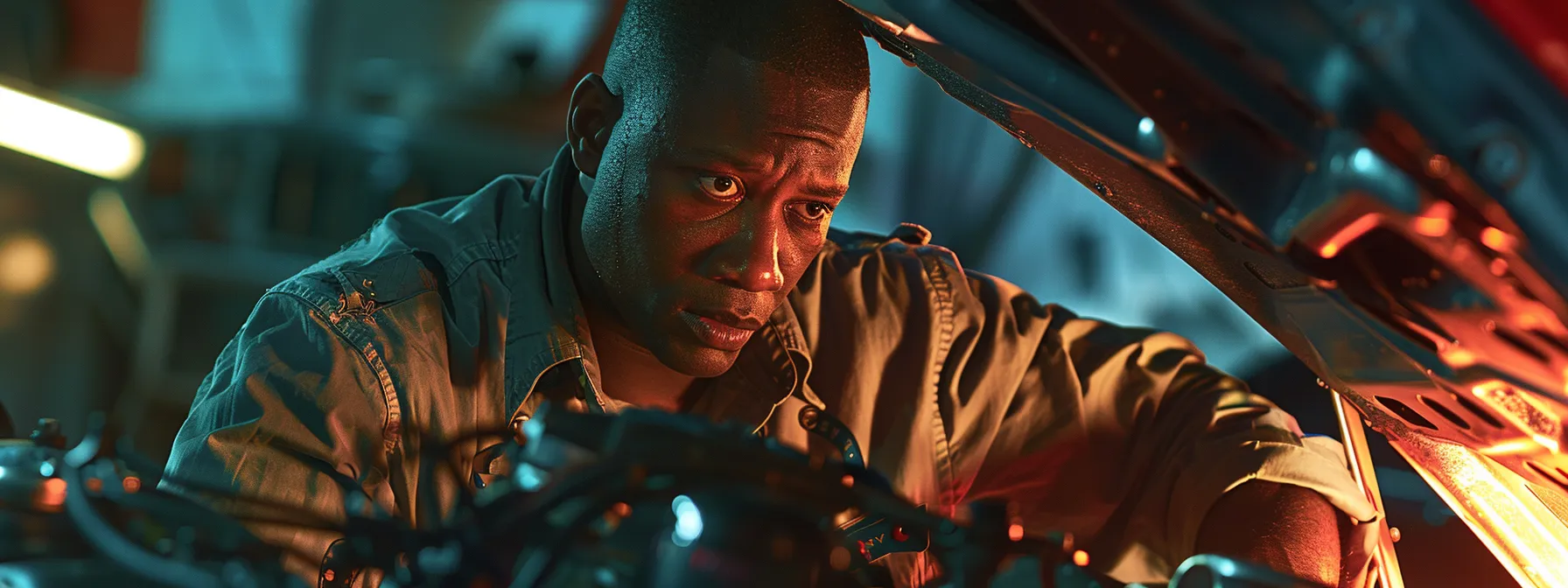 a mobile mechanic carefully inspecting a car engine under the hood with a focused and determined expression.