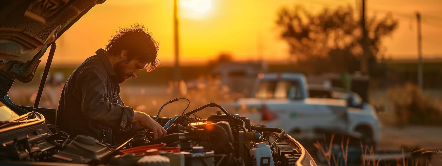 a mobile mechanic examining a car engine under the hood, surrounded by diagnostic tools, with the sun setting in the background.